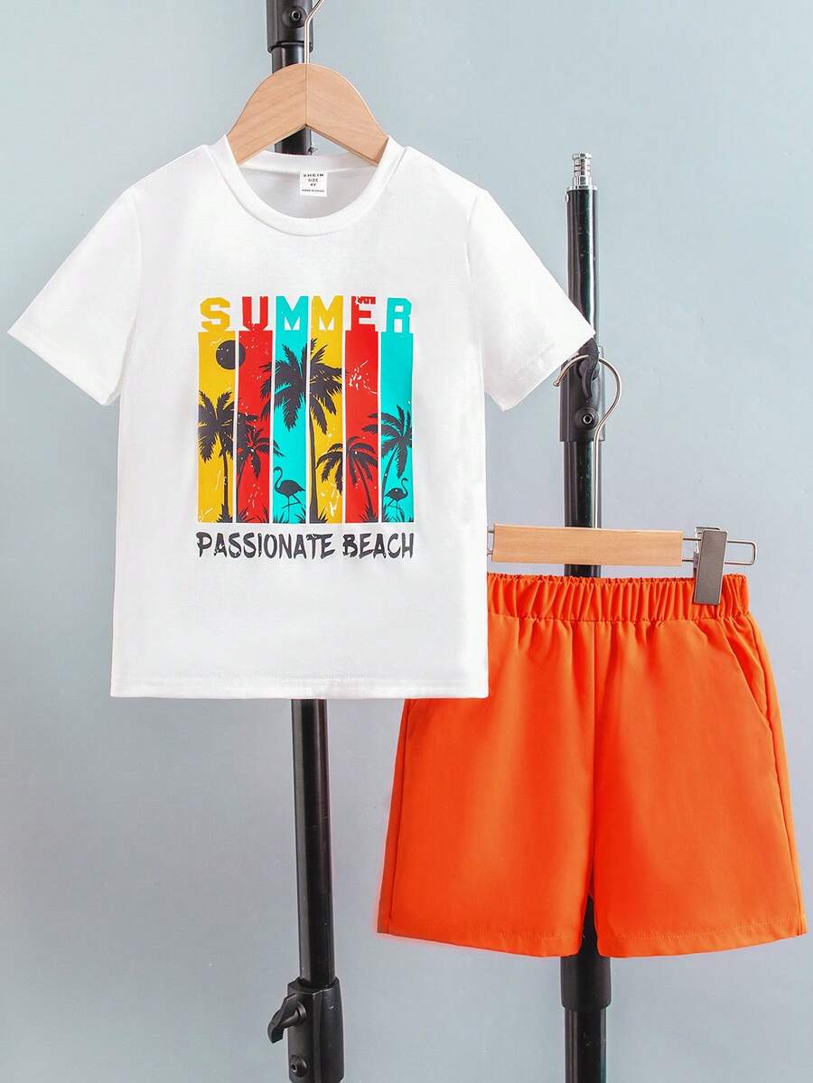 SHEIN 年輕男孩印花圓領短袖t恤和短褲2入組 - 彩色 - 查看 1