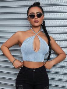 Sexy Halter Neck V-Neck Denim Top - Light Wash - View 6