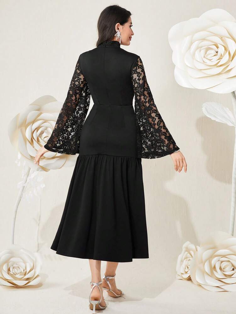 Women's Cutout Front Lace Panel Bell Sleeve Dress No Belt