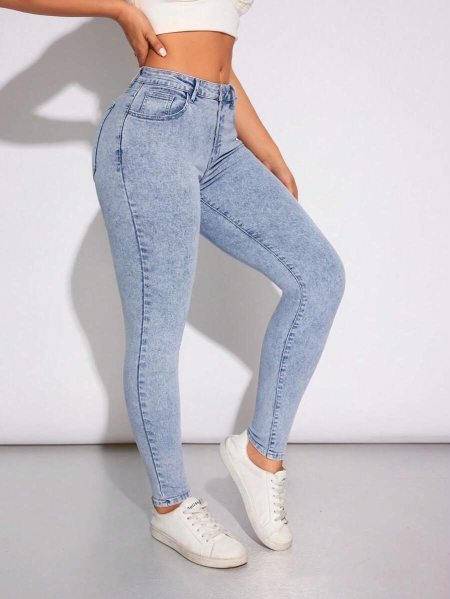 SHEIN Privé 女士修身版型牛仔緊身褲 - 淺色水洗藍 - 查看 1