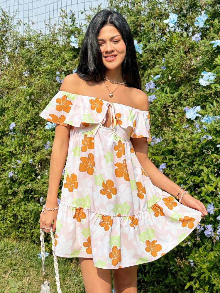Women's Holiday Style Off Shoulder Floral Print Ruffle Hem Dress