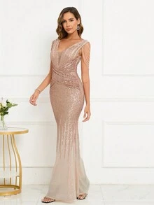 鑲有鑽石連鎖袖子的亮片正式禮服 - 金色 - 查看 6