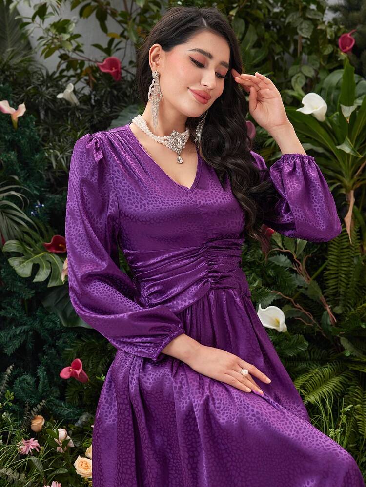 Women's Solid Color Jacquard Lantern Sleeve Dress Fall Cloth For Women