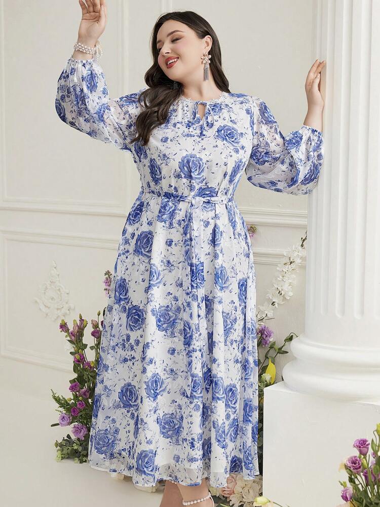 Plus Size Full Printed Front Tie Long Sleeve Dress Long Evening Dresses