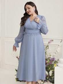 Modelyn Đầm dạ hội dài tay đèn lồng màu trơn cỡ lớn cổ chữ V thường ngày - Màu xanh lam - Xem 5