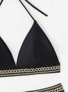 SHEIN Swim 女士吊带拼接比基尼套装夏季海滩 - 黑色 - 查看 5