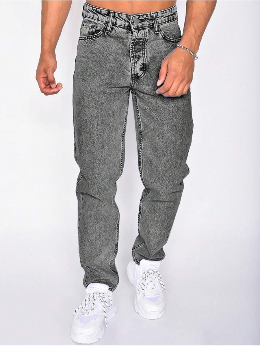 Men's Straight Leg Jeans With Slanted Pocket - Grey - View 1