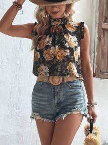 SHEIN Clasi Floral Print Frill Trim Mock Neck Sleeveless Blouse - Black - View 3