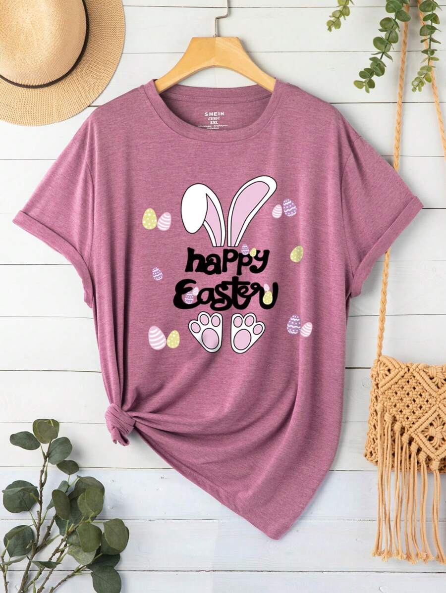 SHEIN LUNE 大尺碼卡通字母圖案圓領短袖t恤