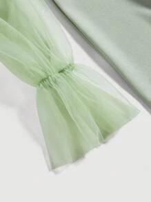 SHEIN MOD Vestido de malla de manga larga con volantes y cuello con cordones en color verde menta para mujer - verde menta - Ver 4