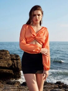 Chiquease Twist Detail Long Sleeve Cropped Blouse Fall Cloth For Women - Orange - View 3