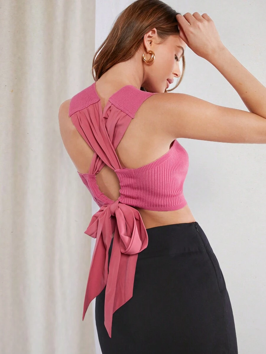 L'Amorae Solid Crisscross Tie Back Ribbed Knit Crop Top - Hot Pink - View 1