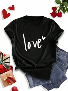SHEIN LUNE 大尺碼女款 Love & Letter 印花短袖 T 卹 - 黑色 - 查看 1