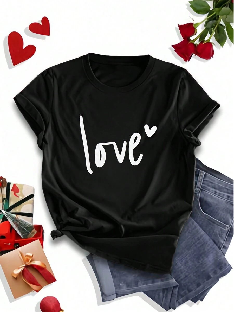 SHEIN LUNE 大尺碼女款 Love & Letter 印花短袖 T 卹 - 黑色 - 查看 1