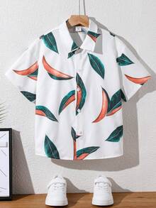 SHEIN Cậu bé Tween Giải trí Kỳ nghỉ Phong cách Ngắn tay Dệt Áo sơ mi Với Bản in lá & Cổ bẻ - trắng - Xem 2