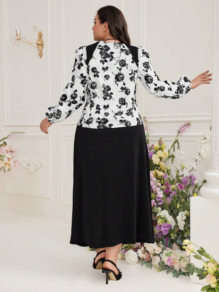 Plus Size Women's Floral Print Puff Sleeve Two Pieces Set 2 Pieces Set