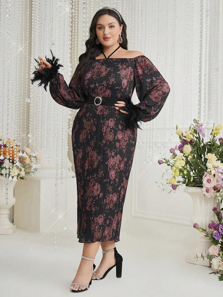 Plus Size Floral Print Halter Neck Cold Shoulder Feather Embellished Fashion Dress, Wedding Guest Dress Long Evening Dresses