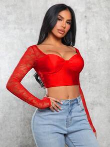 SHEIN SXY Top Corto Femenino Con Escote Corazón - Rojo - Ver 6