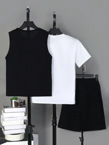 3 件/套青少年男孩 T 卹、背心和短褲套裝 - 黑與白 - 查看 2