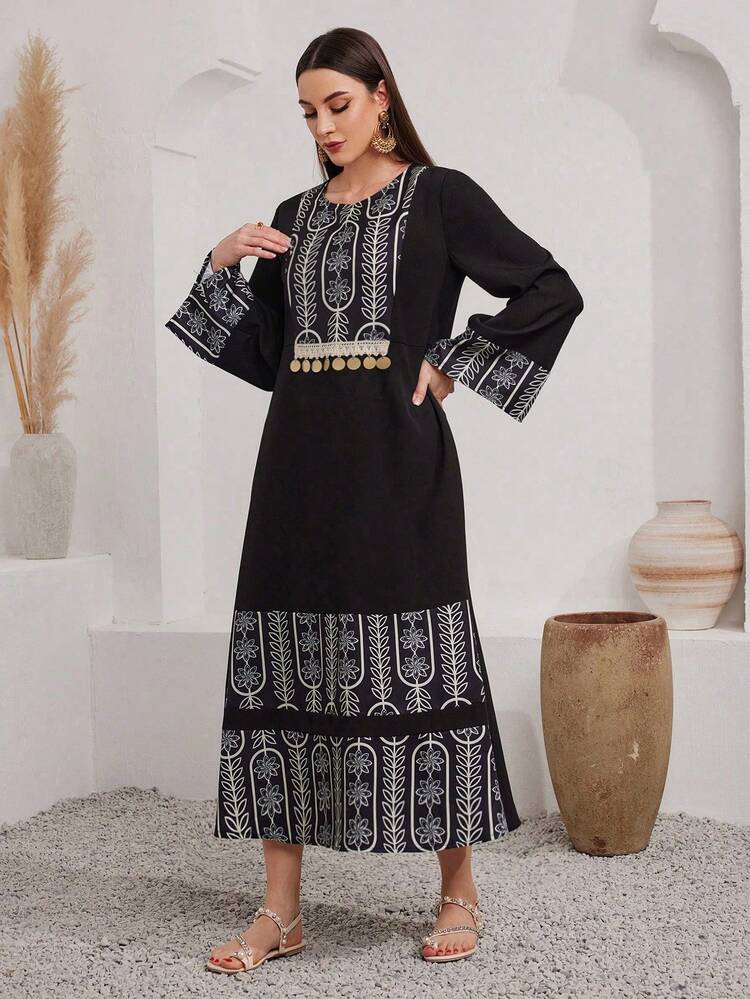 Women's Floral Print & Sequin Patchwork Modest Arabic Style Jalabiya Dress