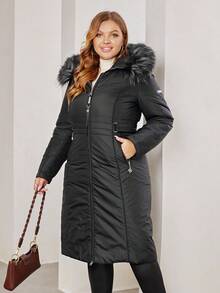 Astrid Plus Fuzzy Trim Hooded Padded Coat, For Winter - Black - View 3