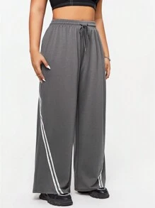 SHEIN EZwear CURVE Plus Size Loose Fit Colorblock Striped Drawstring Waist Sweatpants