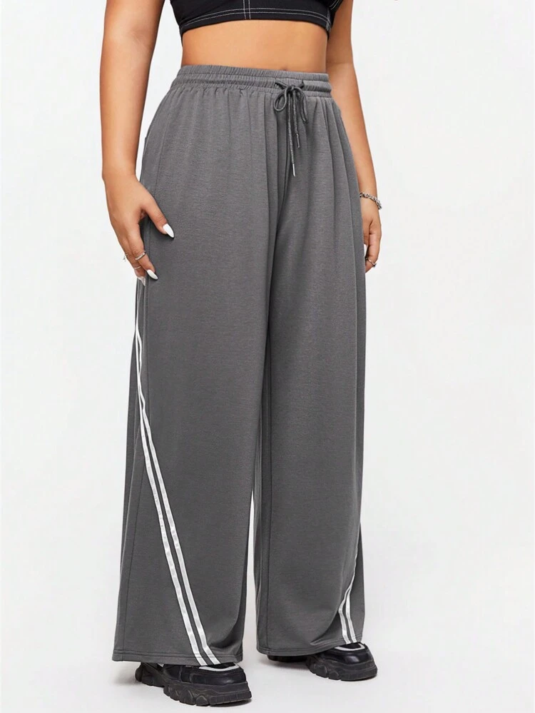 Plus Size Loose Fit Colorblock Striped Drawstring Waist Sweatpants