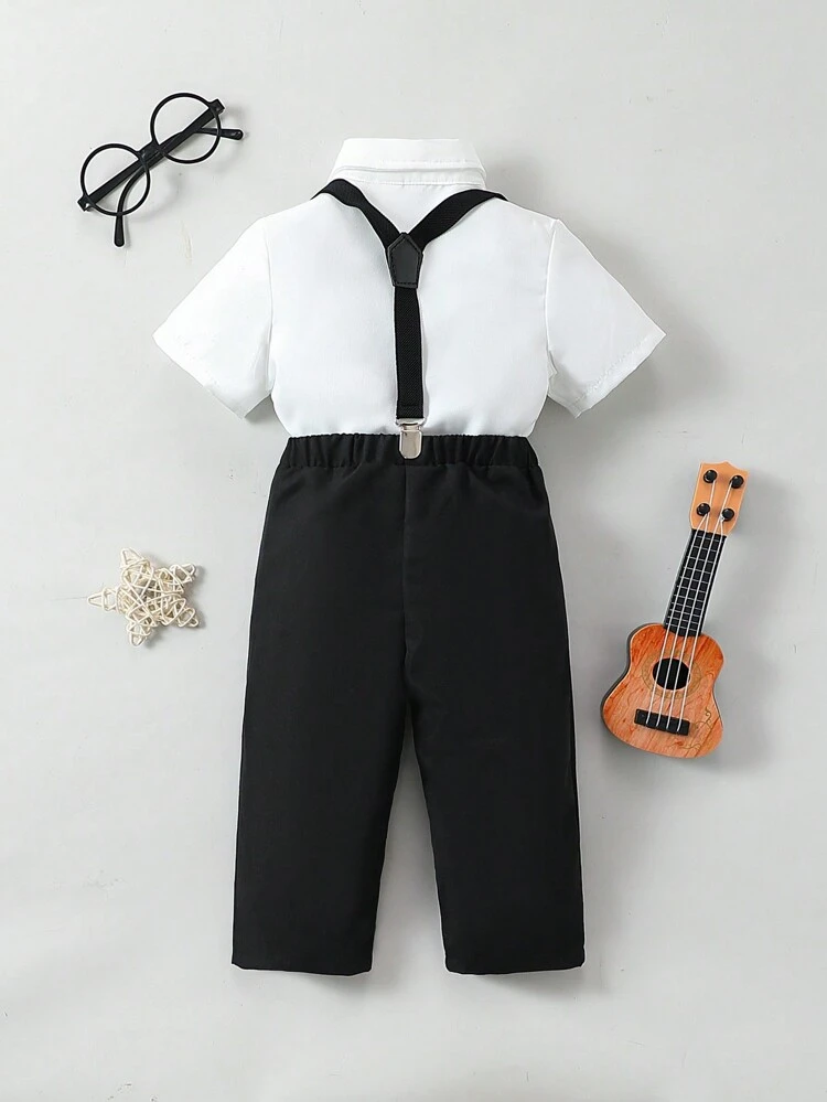 2pcs/Set Baby Boys' Black And White Bowtie Gentleman Style Shirt And Pants Set