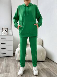 EURMUSE Bolso Canguru Ombro Caído Cordão Calças de Treino & Capuz - Verde - Ver 4