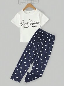 Conjunto de pijama de manga curta com top temático Tween Girl e calça estampada com corações