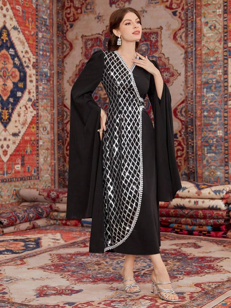 Women's Diamond Pattern Shiny Sequins Splicing Cape Sleeve Wrap Dress Long Evening Dresses