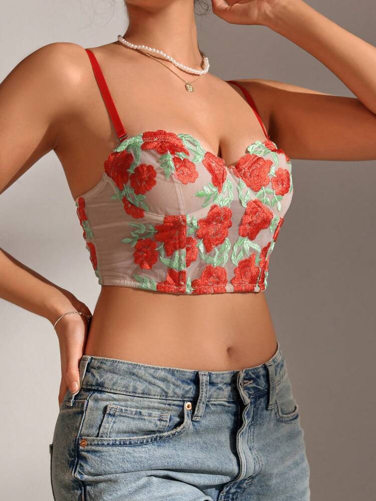 Women's Floral Embroidery Sheer Mesh Bralette, Lingerie