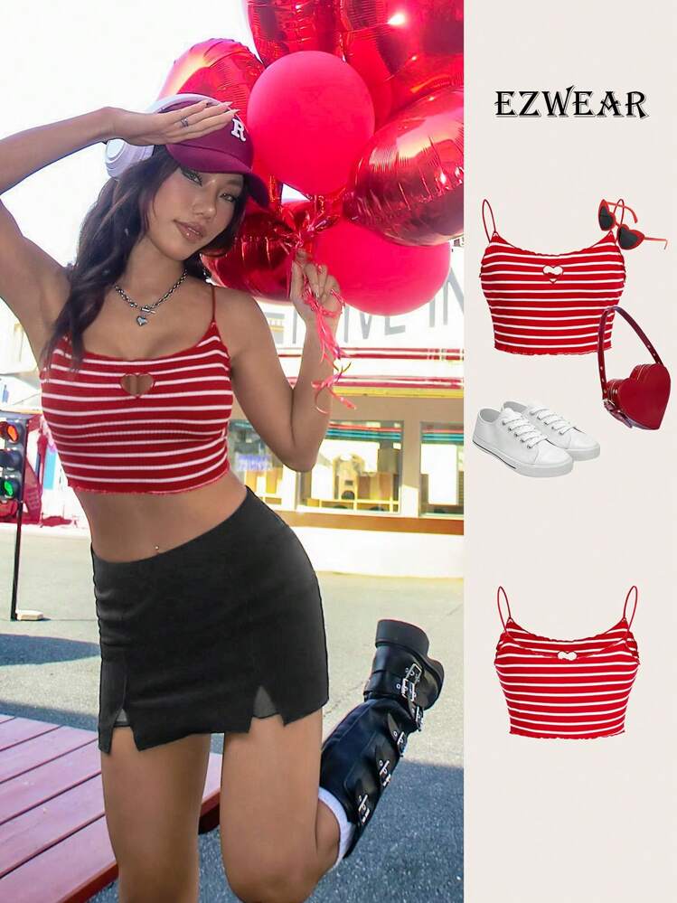 SHEIN EZwear 赤ボーダーニットキャミソール タンクトップ