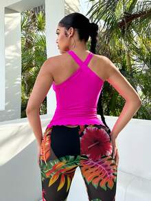 SHEIN SXY Áo cổ trụ không tay có dây buộc phía trước viền bất đối xứng dành cho nữ - Màu Hồng Tươi - Xem 2