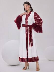 Modelyn Burgunderrotes Kleid mit geometrischem Muster und Goldfolien-Muster, Kontrastfransen an den Ärmeln - Bordeaux - Übersicht 3