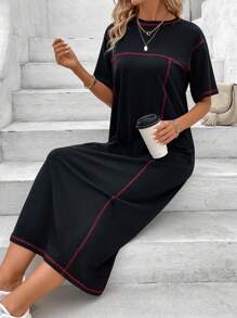 SHEIN LUNE Vestido Con Hombros Caídos Y Costuras En Contraste - Negro - Ver 5