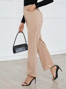 SHEIN Privé Của phụ nữ Màu thuần Quần loe - Màu Khaki - Xem 6