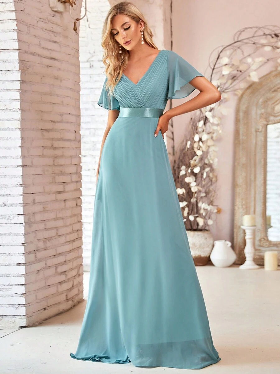 EVERPRETTY Elegant V-Neck Ruffle Butterfly Sleeve Blue Bridesmaid Dress, Guest Dress For Spring Semi-Formal Occasions Like Wedding, Birthday Party, Graduation, Valentine's Day