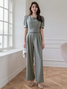 DAZY Của phụ nữ Ống tay áo Áo Và Lỏng lẻo Quần Hai chiếc Bộ - Màu xanh Bạc hà - Xem 3