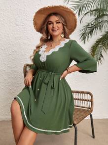 SHEIN Clasi Plus Size Women's Lace Trim V-Neck Dress - Green - View 6