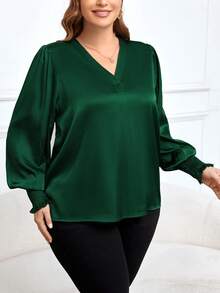 SHEIN Clasi Women'S Plus Size Lantern Sleeve Shirt - Dark Green - View 3