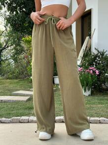 SHEIN EZwear Green Knitted Ladies' Pants With Adjustable Hems - Army Green - View 3