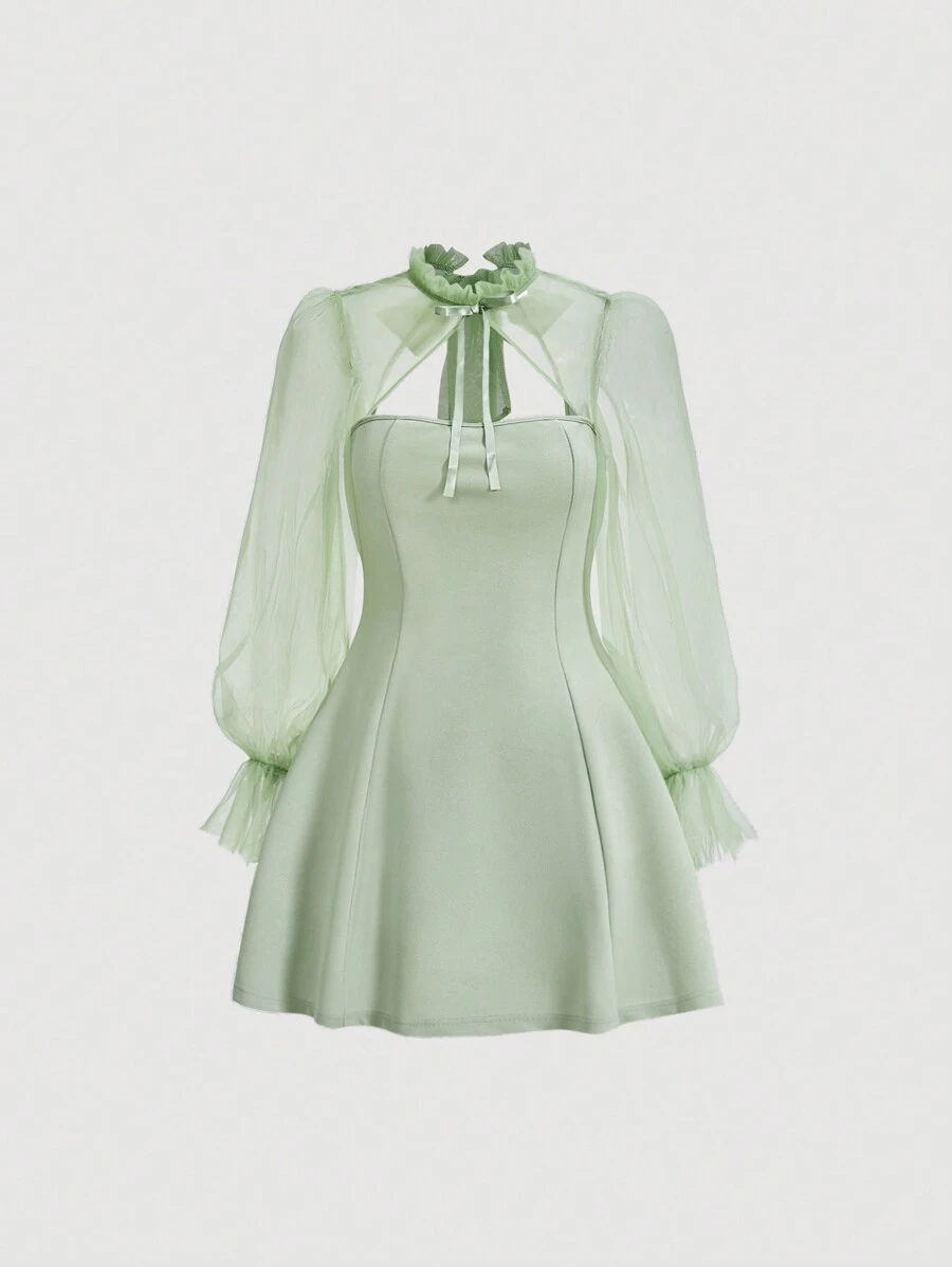 SHEIN MOD Vestido de malla de manga larga con volantes y cuello con cordones en color verde menta para mujer - verde menta - Ver 1