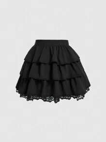 SHEIN MOD Falda de mujer de unicolor con parches de encaje y multicapa