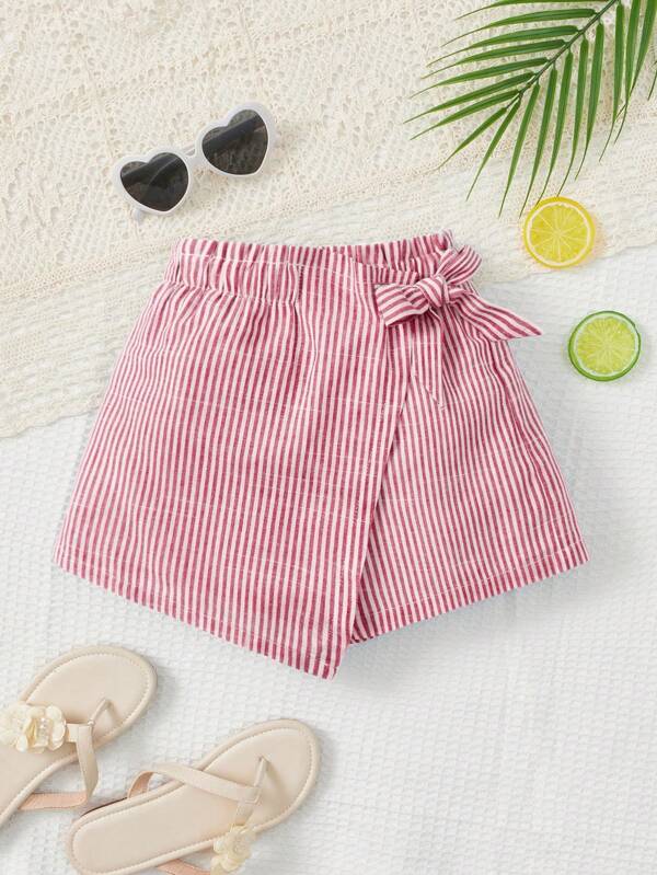 SHEIN Young Girl's Casual Striped Skort With Bowknot