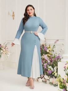 Modelyn Plus Size Women's Stand Collar Flared Sleeve Arabic Style Dress Long Evening Dresses - Blue and White - View 5