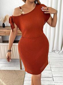 Calvaya Plus Size Solid Color Textured Dress With Metal Decoration And Asymmetric Collar - Rust Brown - View 5