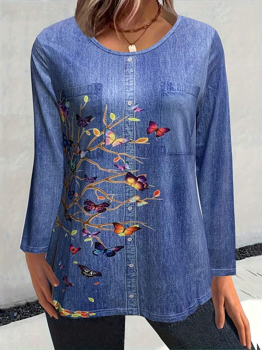 SHEIN LUNE 大尺碼常規肩圓領印花長袖t恤 - 彩色 - 查看 1