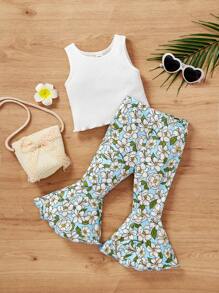 SHEIN Bộ đồ thường ngày cho bé gái: Áo thun cổ tròn gân và quần ống loe in hoa, thích hợp cho kỳ nghỉ. - Nhiều màu - Xem 1