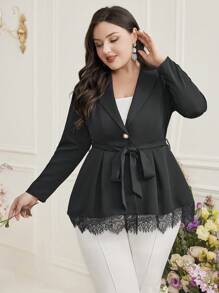 Modelyn Women's Plus Size Long Sleeve Houndstooth Notch Lapel Blazer - Black - View 2